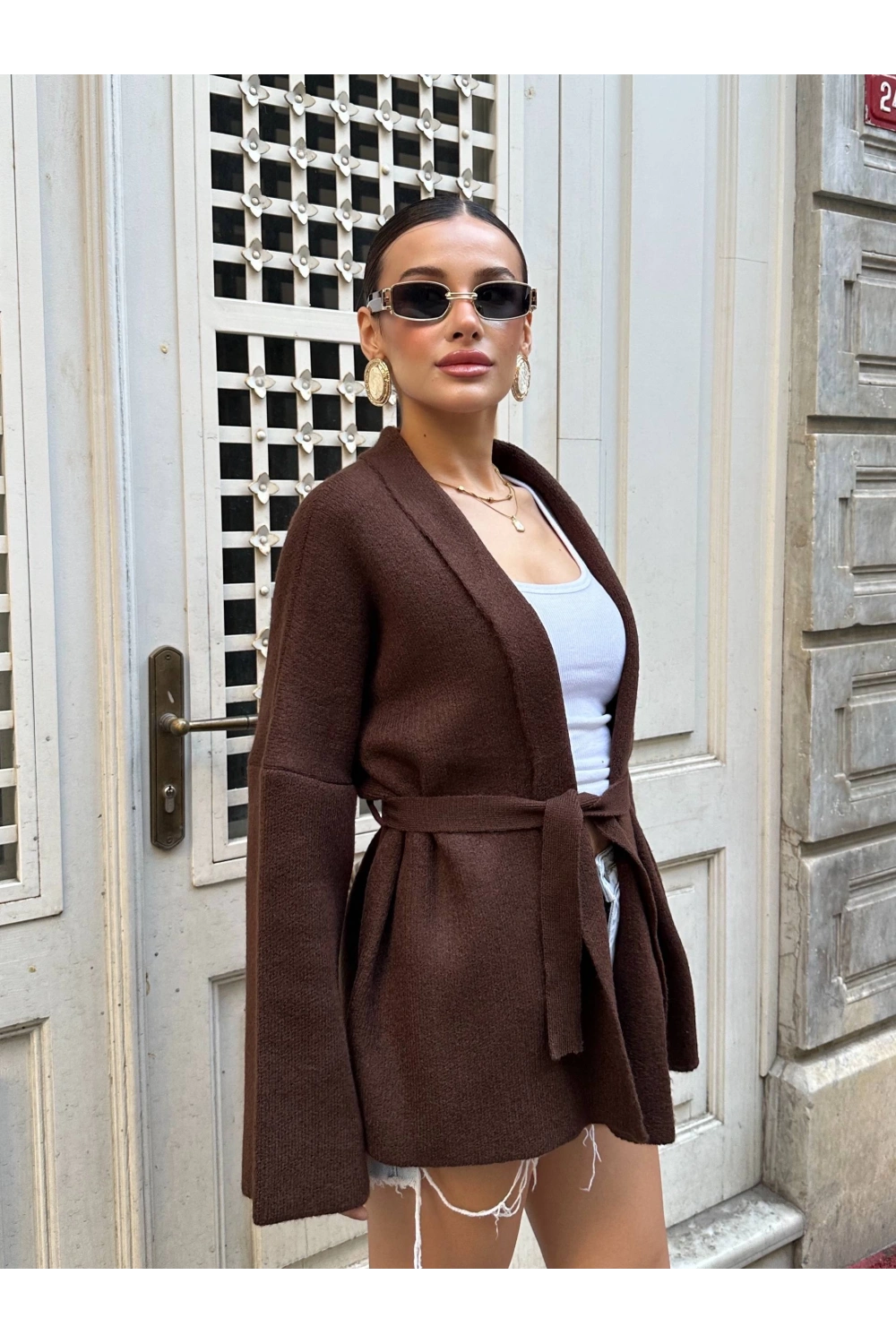Kadın Kahverengi Kemerli Triko Kimono Hırka