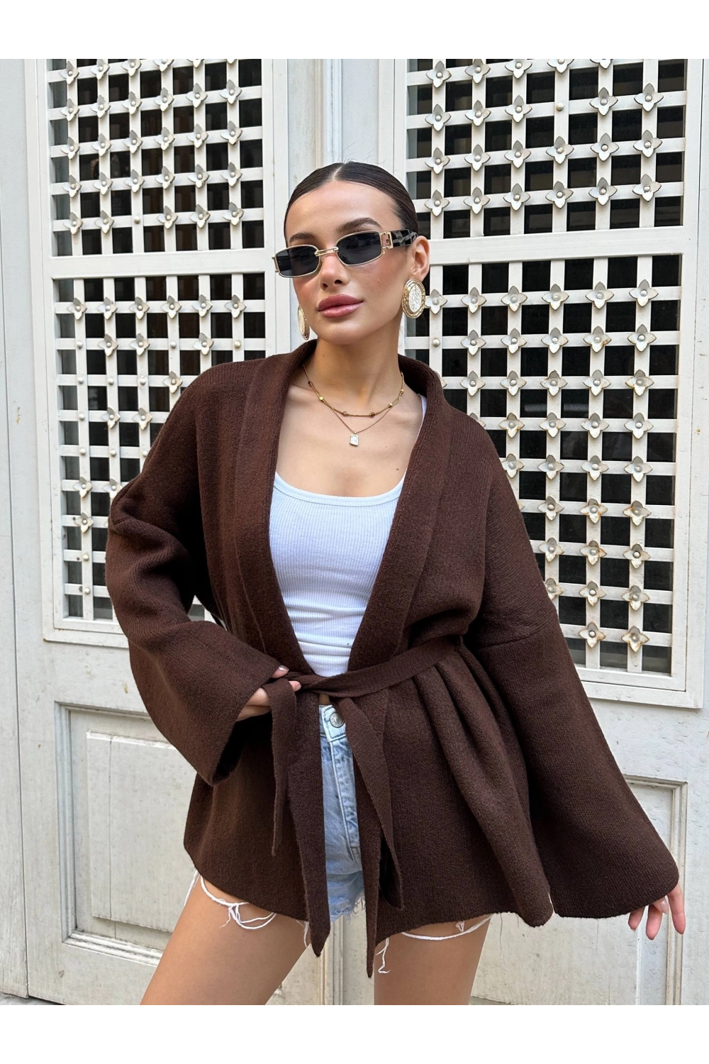 Kadın Kahverengi Kemerli Triko Kimono Hırka