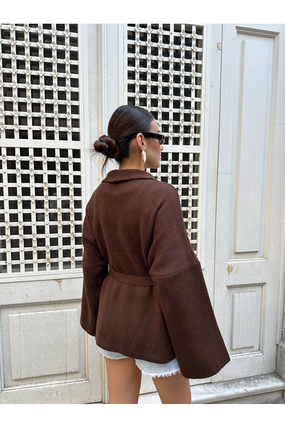 Kadın Kahverengi Kemerli Triko Kimono Hırka