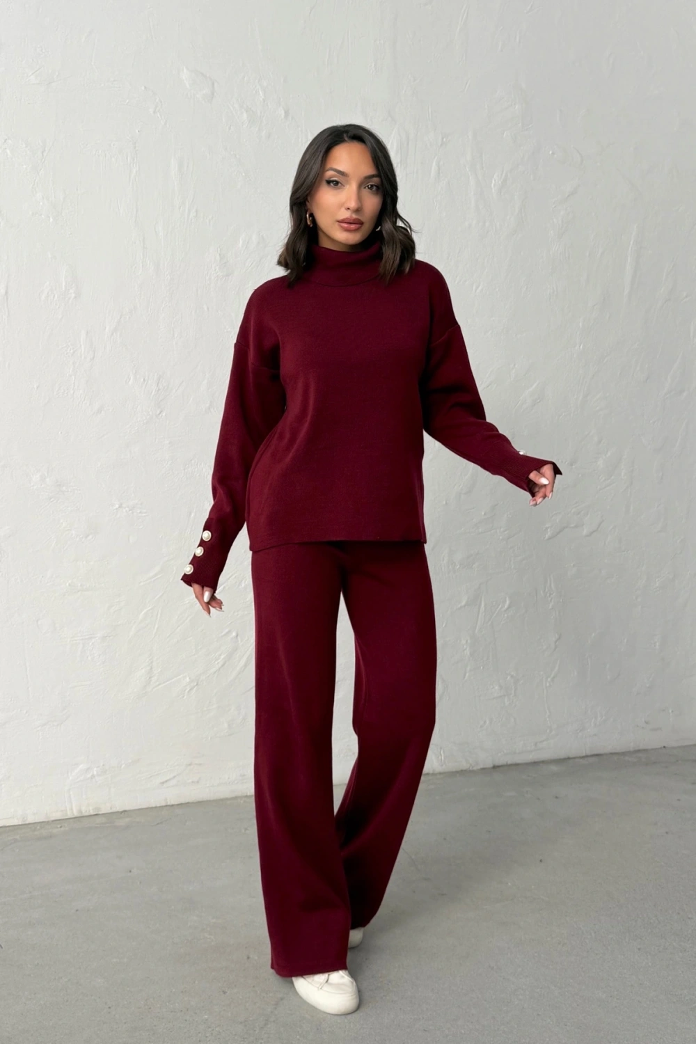 Kadın Bordo Kol Düğme Detaylı Bluz Pantolon Alt Üst İkili Triko Takım
