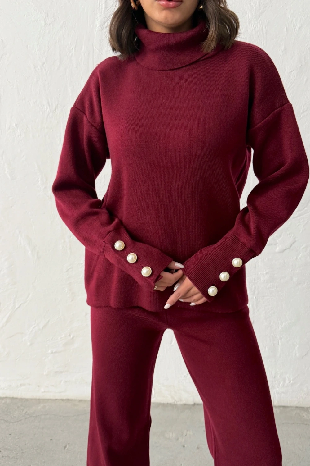 Kadın Bordo Kol Düğme Detaylı Bluz Pantolon Alt Üst İkili Triko Takım