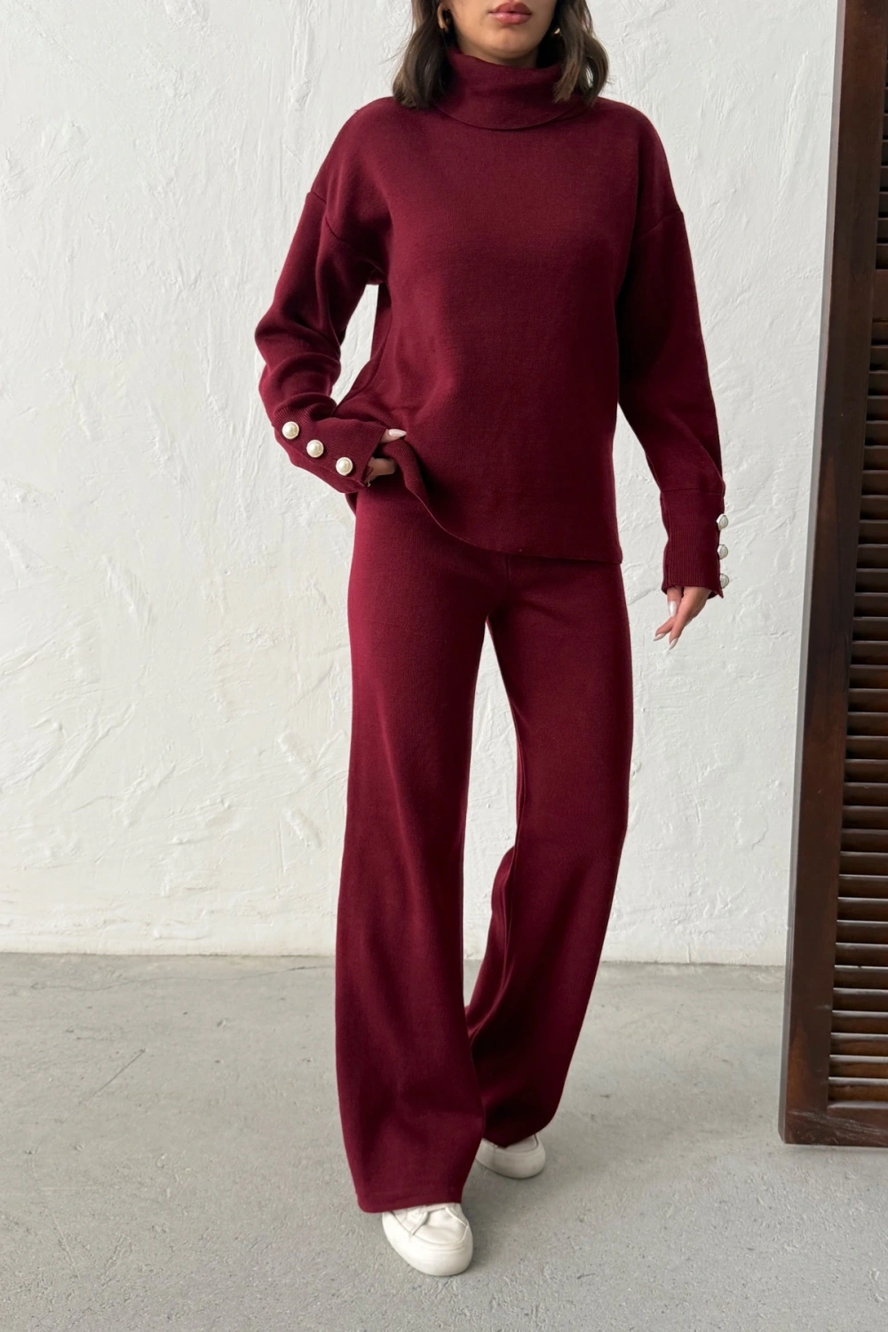 Kadın Bordo Kol Düğme Detaylı Bluz Pantolon Alt Üst İkili Triko Takım