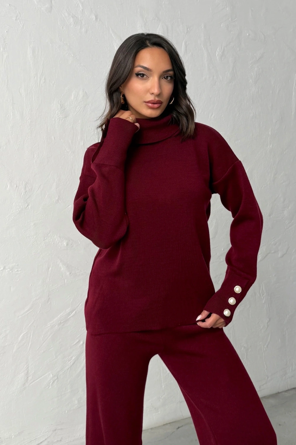 Kadın Bordo Kol Düğme Detaylı Bluz Pantolon Alt Üst İkili Triko Takım