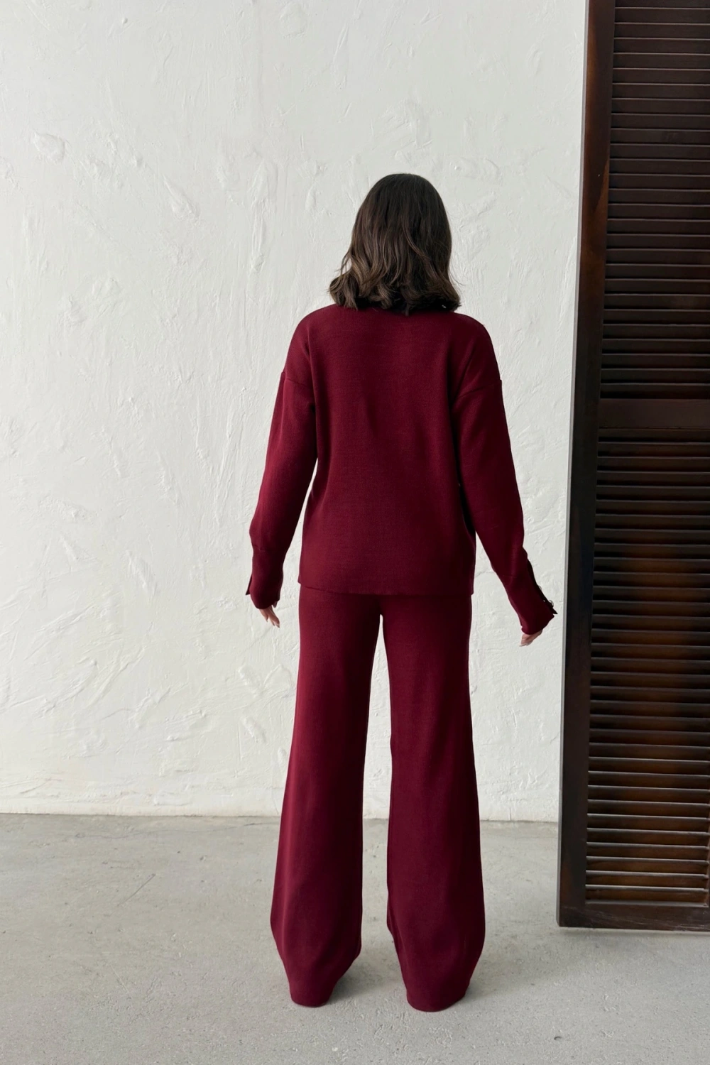 Kadın Bordo Kol Düğme Detaylı Bluz Pantolon Alt Üst İkili Triko Takım