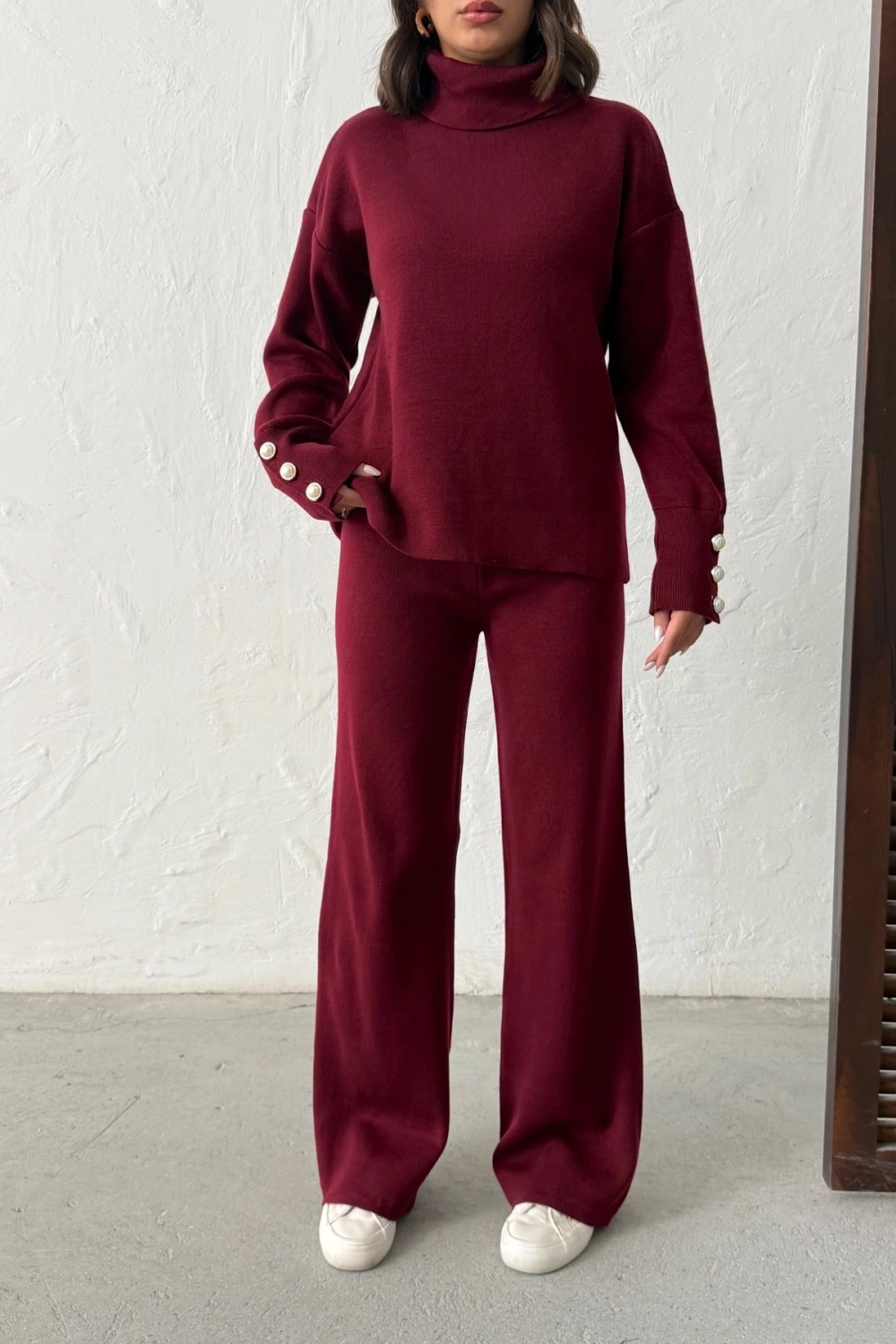 Kadın Bordo Kol Düğme Detaylı Bluz Pantolon Alt Üst İkili Triko Takım
