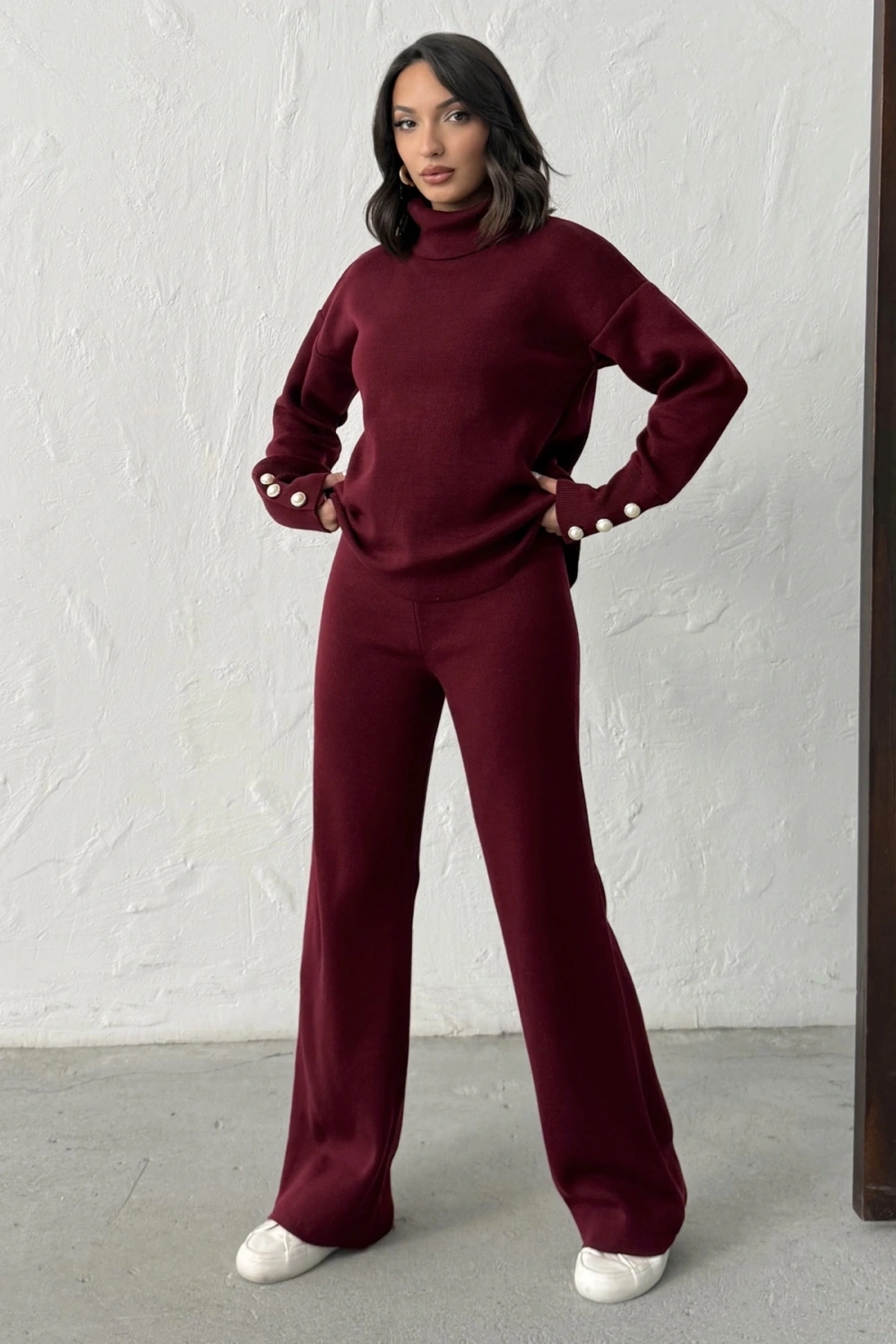 Kadın Bordo Kol Düğme Detaylı Bluz Pantolon Alt Üst İkili Triko Takım
