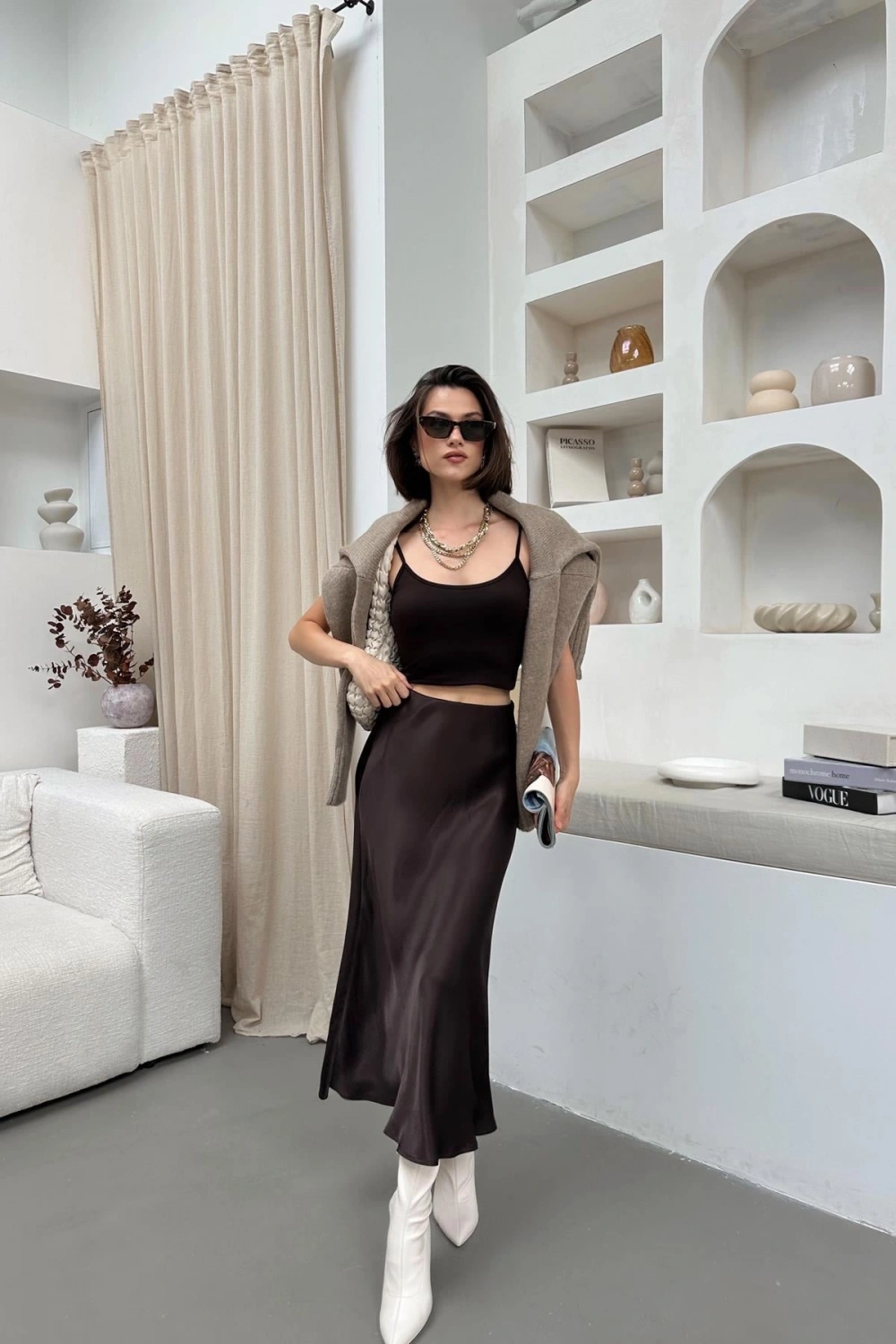 Kadın Kahverengi Premium Kalite Midi Boy Saten Etek