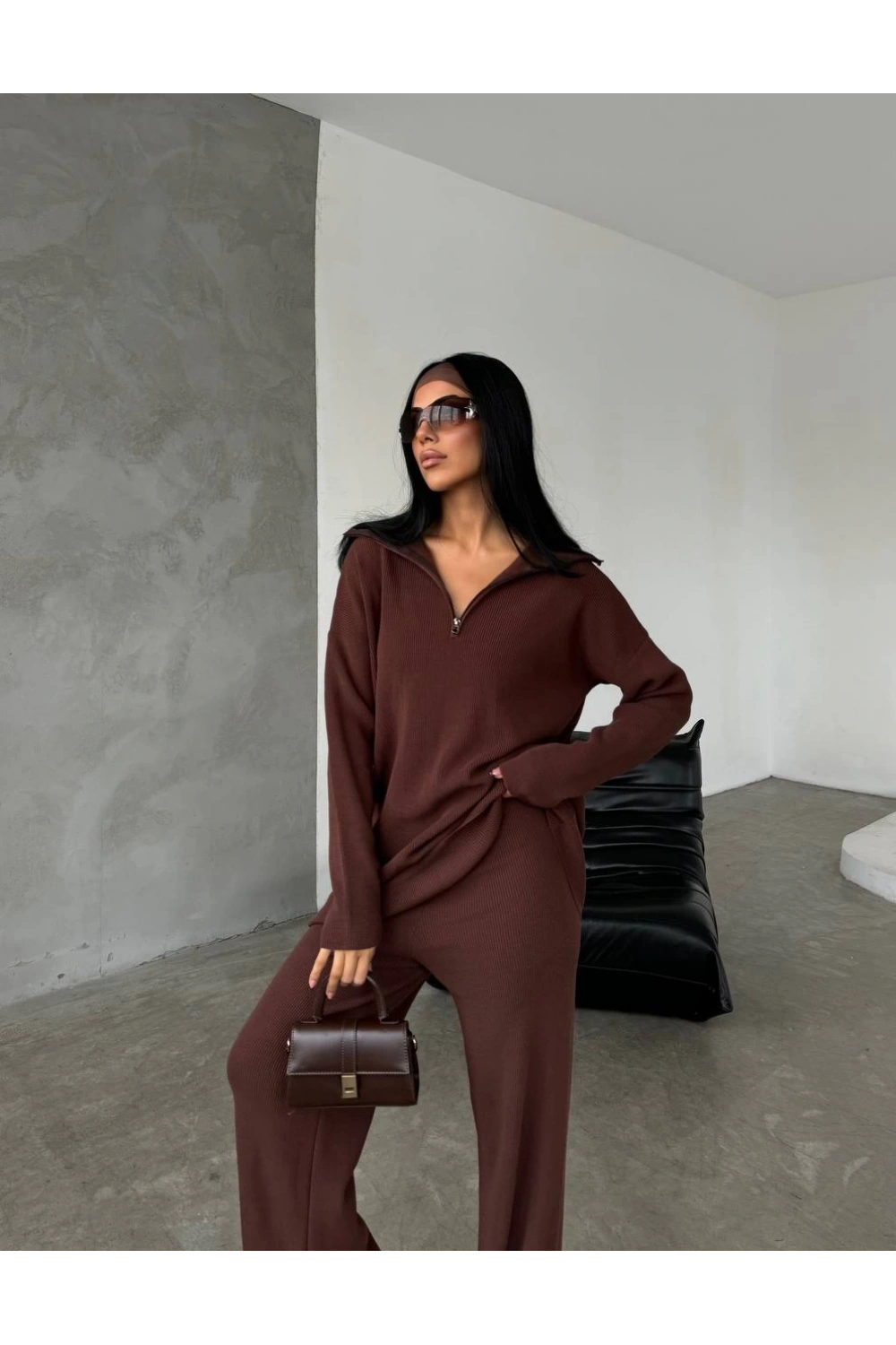 Kadın Kahverengi Rahat Kesim Fermuarlı Oversize Alt Üst ikili Triko Takım