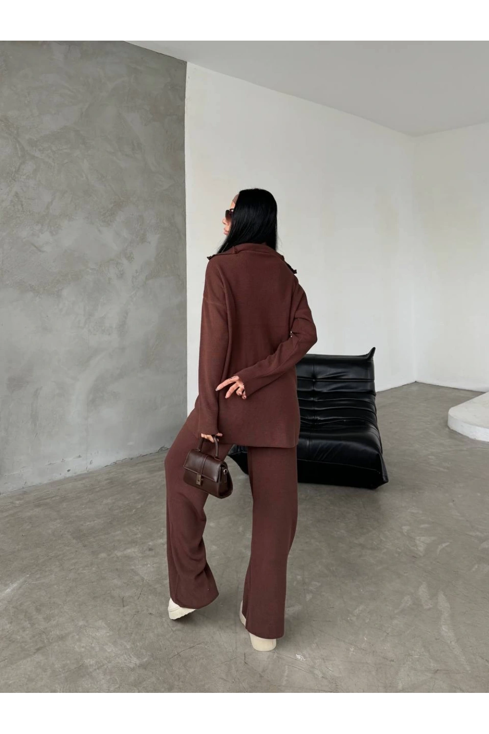 Kadın Kahverengi Rahat Kesim Fermuarlı Oversize Alt Üst ikili Triko Takım