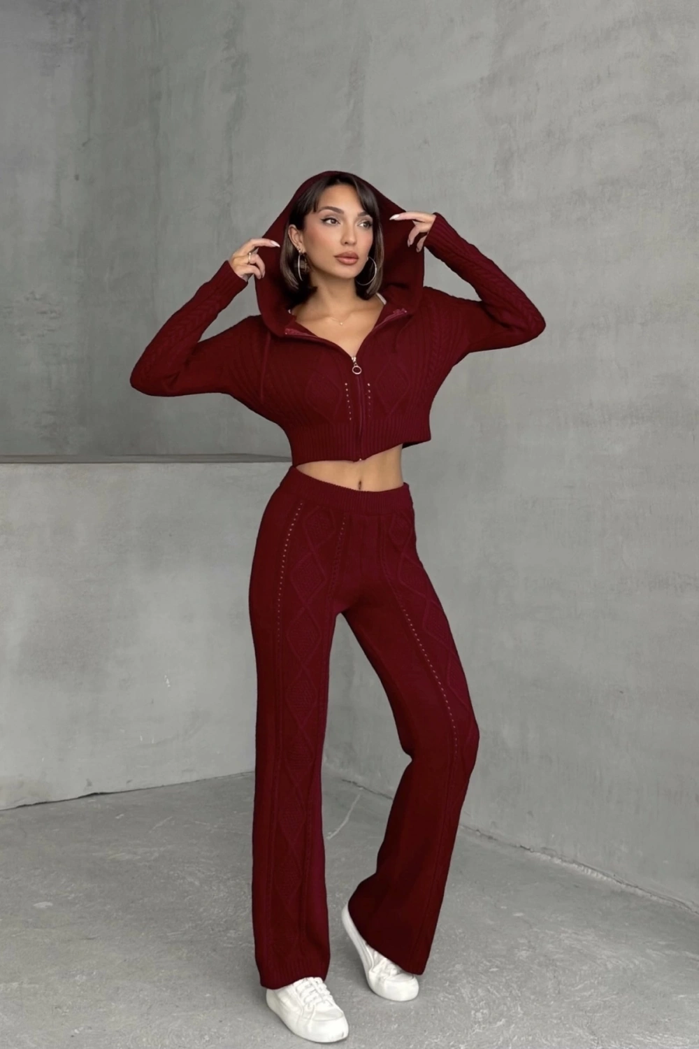 Kadın Kapşonlu Fermuarlı Crop Hırka Pantolon Alt Üst Triko Takım - Bordo S/m