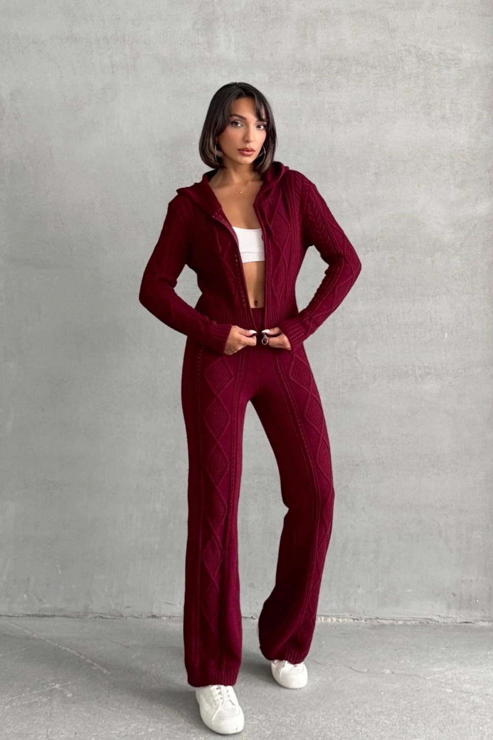 Kadın Kapşonlu Fermuarlı Crop Hırka Pantolon Alt Üst Triko Takım - Bordo S/m