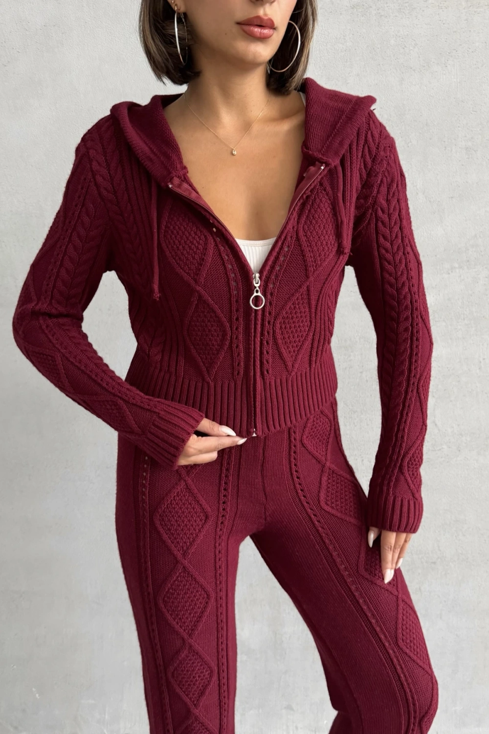 Kadın Kapşonlu Fermuarlı Crop Hırka Pantolon Alt Üst Triko Takım - Bordo S/m