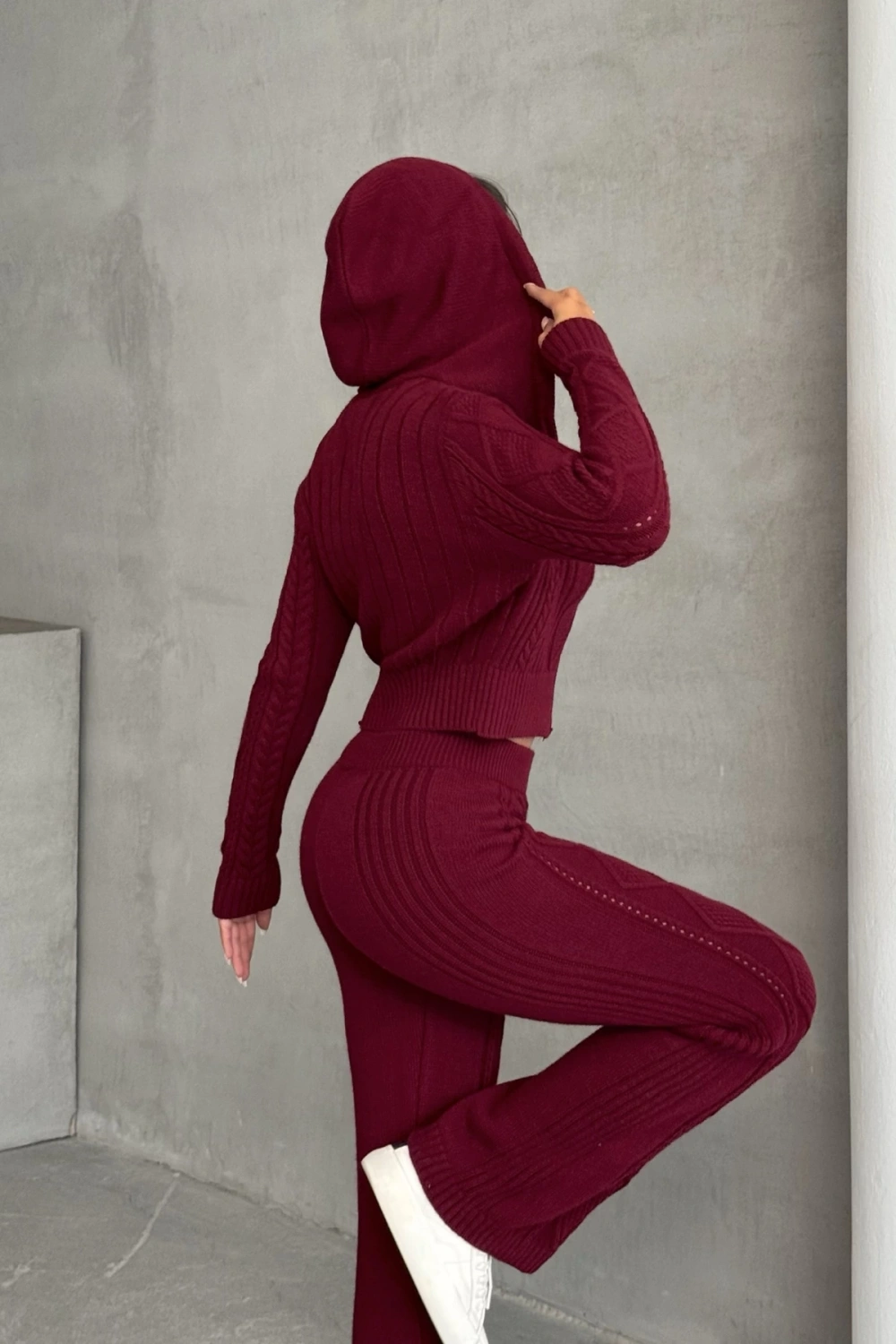 Kadın Kapşonlu Fermuarlı Crop Hırka Pantolon Alt Üst Triko Takım - Bordo S/m