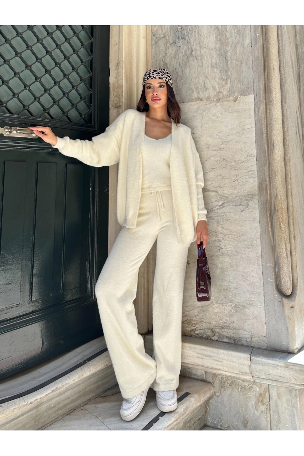 Kadın Krem Crop Bluz Hırka Pantolon 3’lü Kışlık Triko Takım