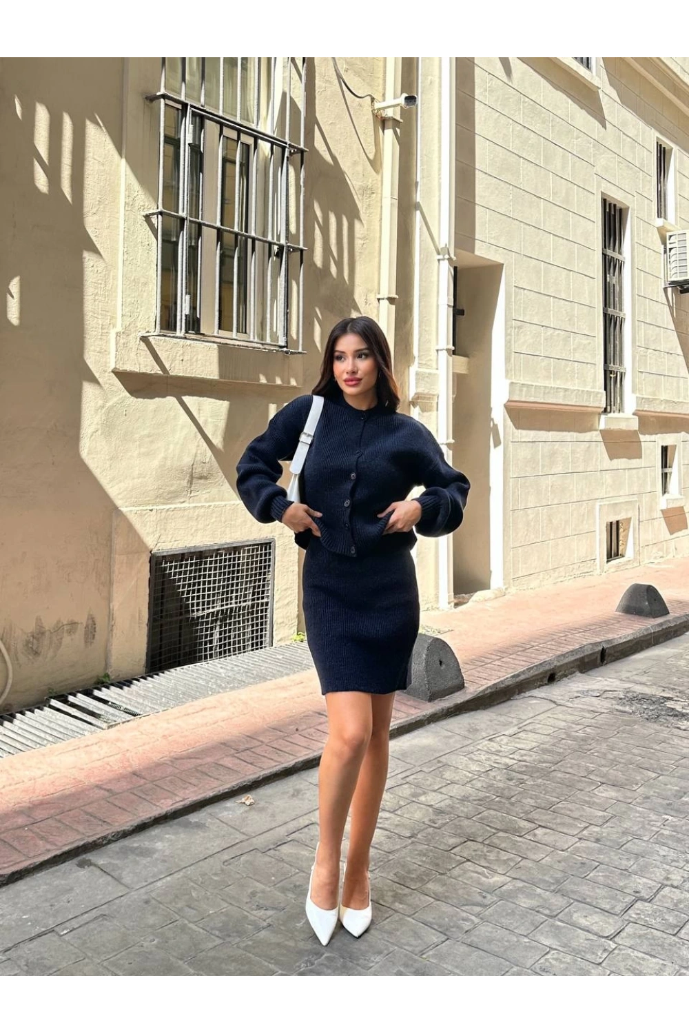 Kadın Lacivert Hırka Etek Alt Üst İkili Triko Takım