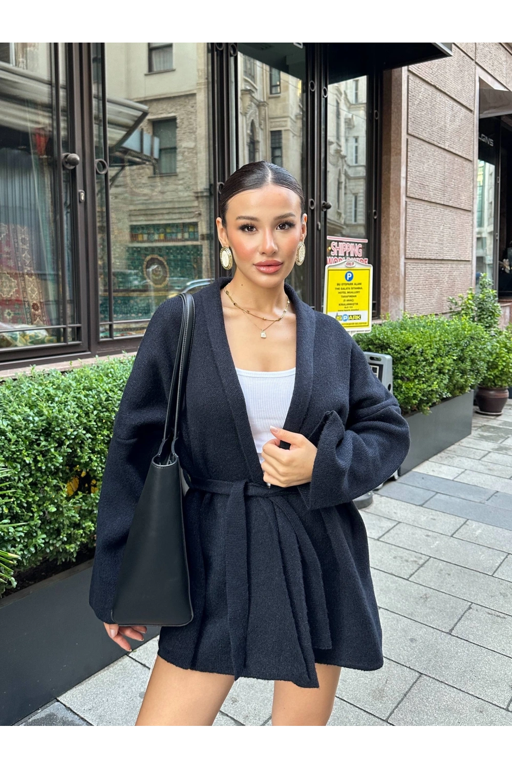 Kadın Siyah Kemerli Triko Kimono Hırka