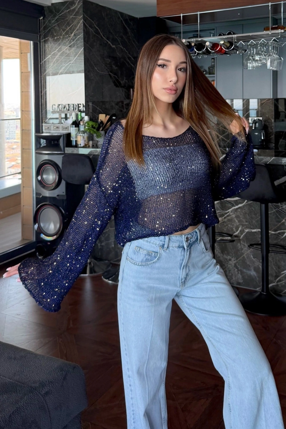Kadın Lacivert Pul İşlemeli Yarasa Kol Salaş Crop Bluz