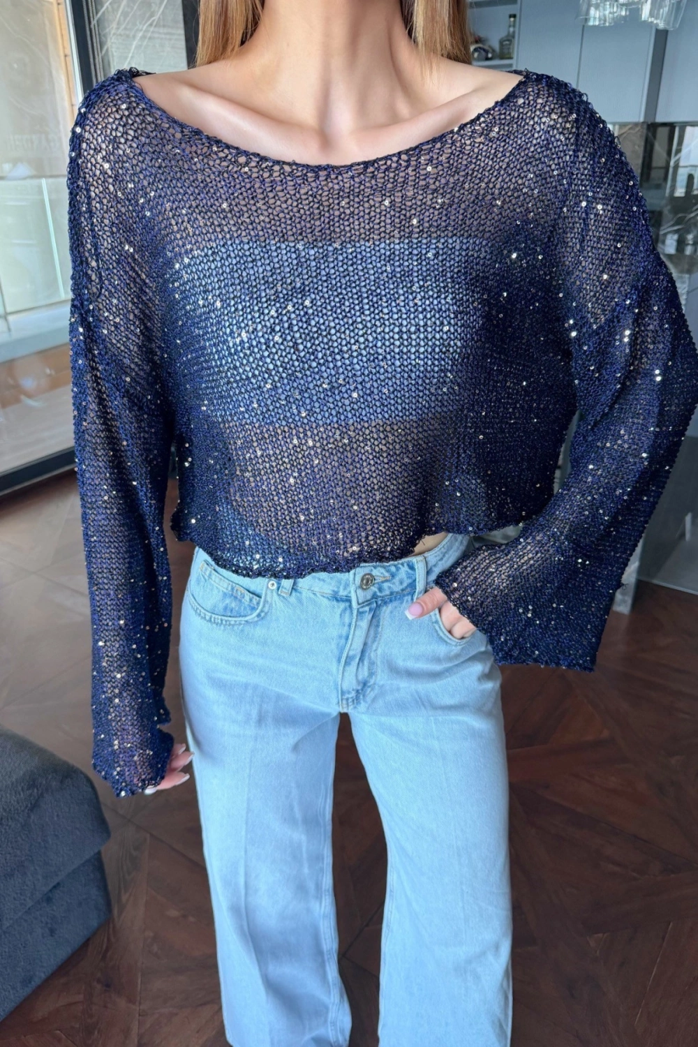 Kadın Lacivert Pul İşlemeli Yarasa Kol Salaş Crop Bluz