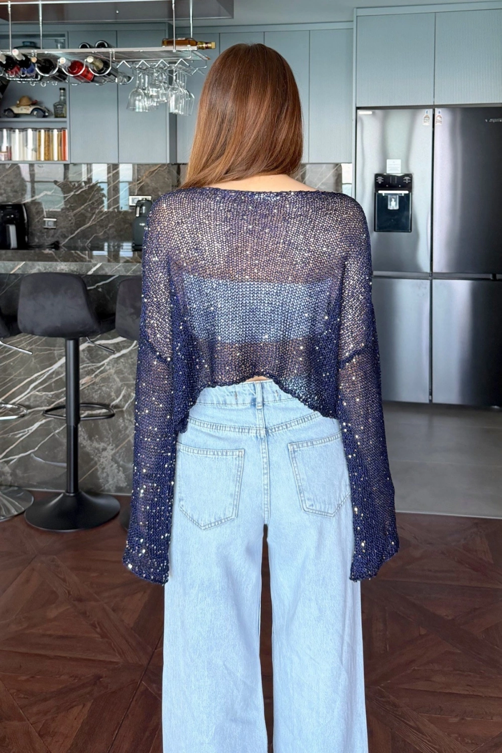 Kadın Lacivert Pul İşlemeli Yarasa Kol Salaş Crop Bluz