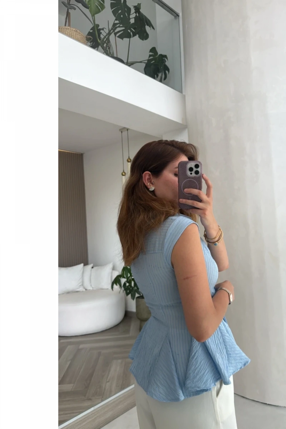 Kadın Mavi Çizgili Dar Kesim Simli Şık Sıfır Kol Gömlek