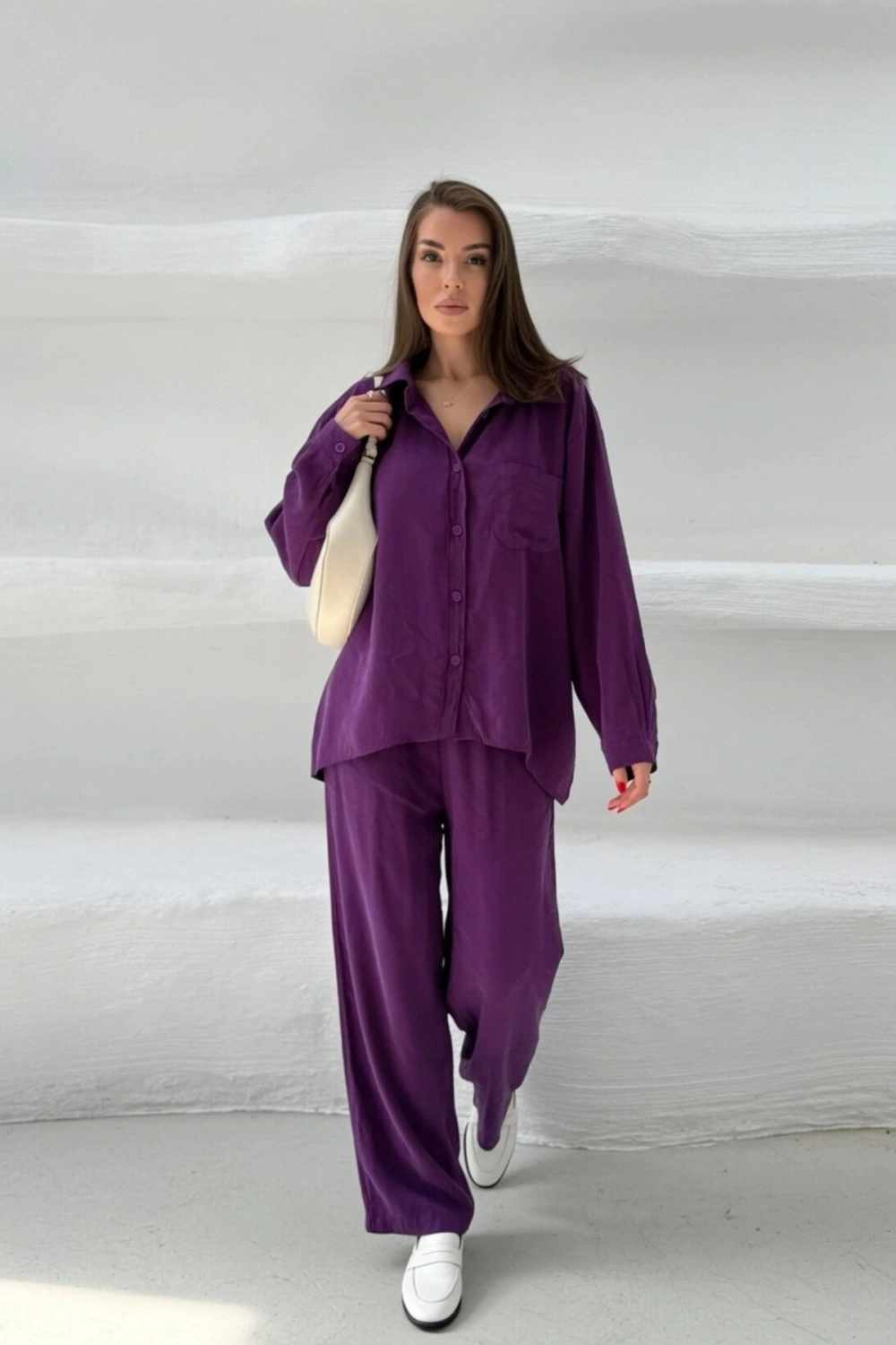 Kadın Mürdüm Oversize Şık Tensel Kumaş Gömlek Geniş Paça Pantolon Takım Rahat Kesim İkili Premium Takım