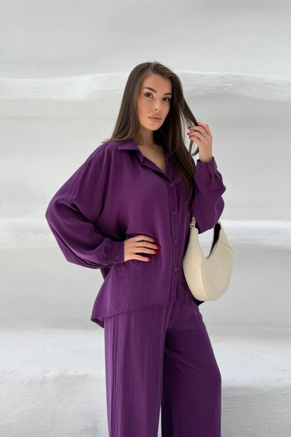 Kadın Mürdüm Oversize Şık Tensel Kumaş Gömlek Geniş Paça Pantolon Takım Rahat Kesim İkili Premium Takım