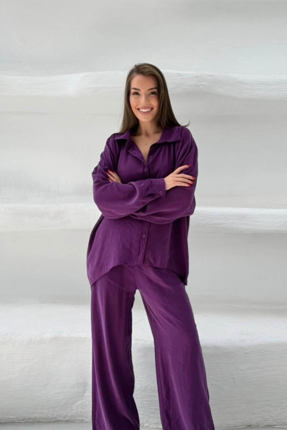 Kadın Mürdüm Oversize Şık Tensel Kumaş Gömlek Geniş Paça Pantolon Takım Rahat Kesim İkili Premium Takım