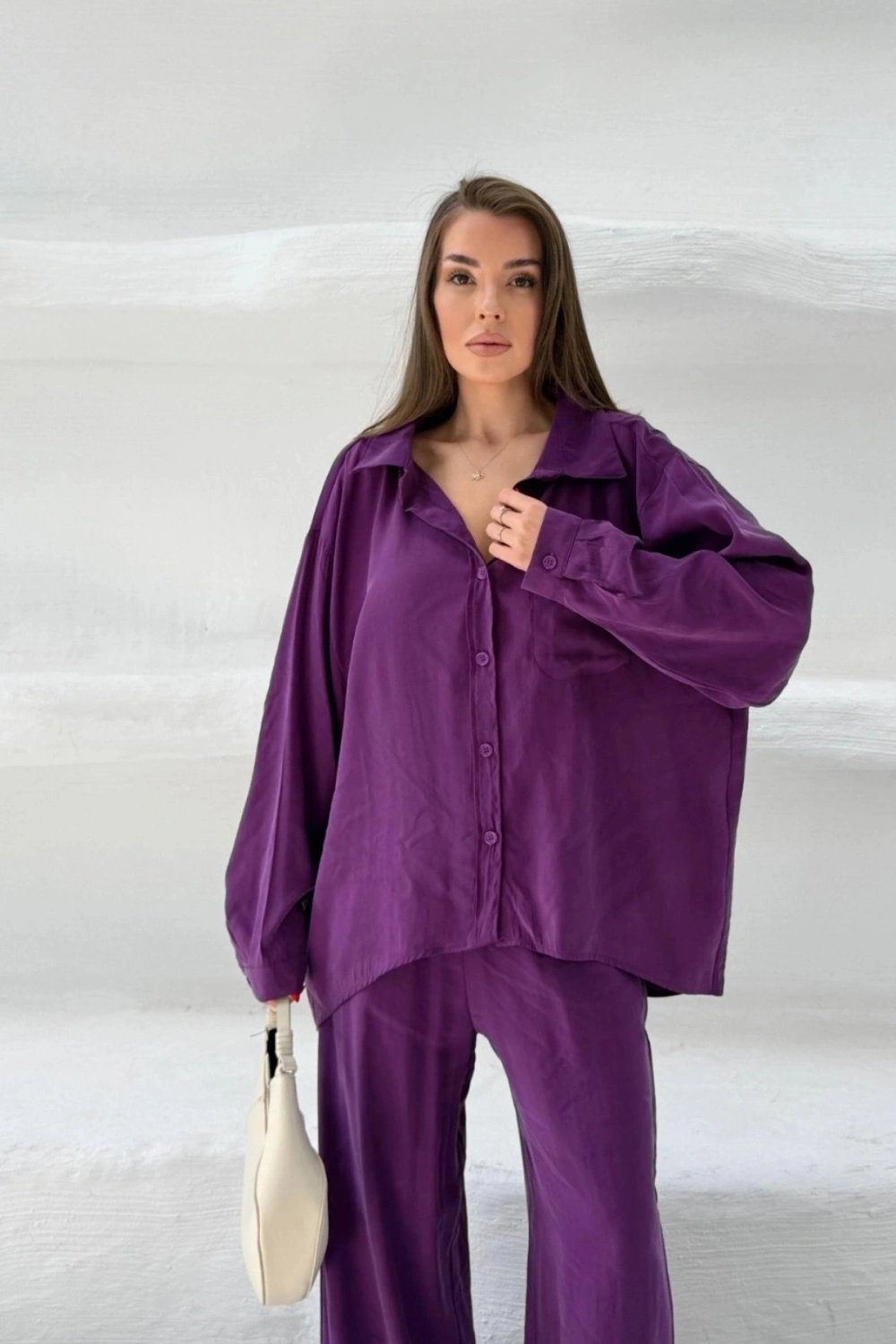 Kadın Mürdüm Oversize Şık Tensel Kumaş Gömlek Geniş Paça Pantolon Takım Rahat Kesim İkili Premium Takım