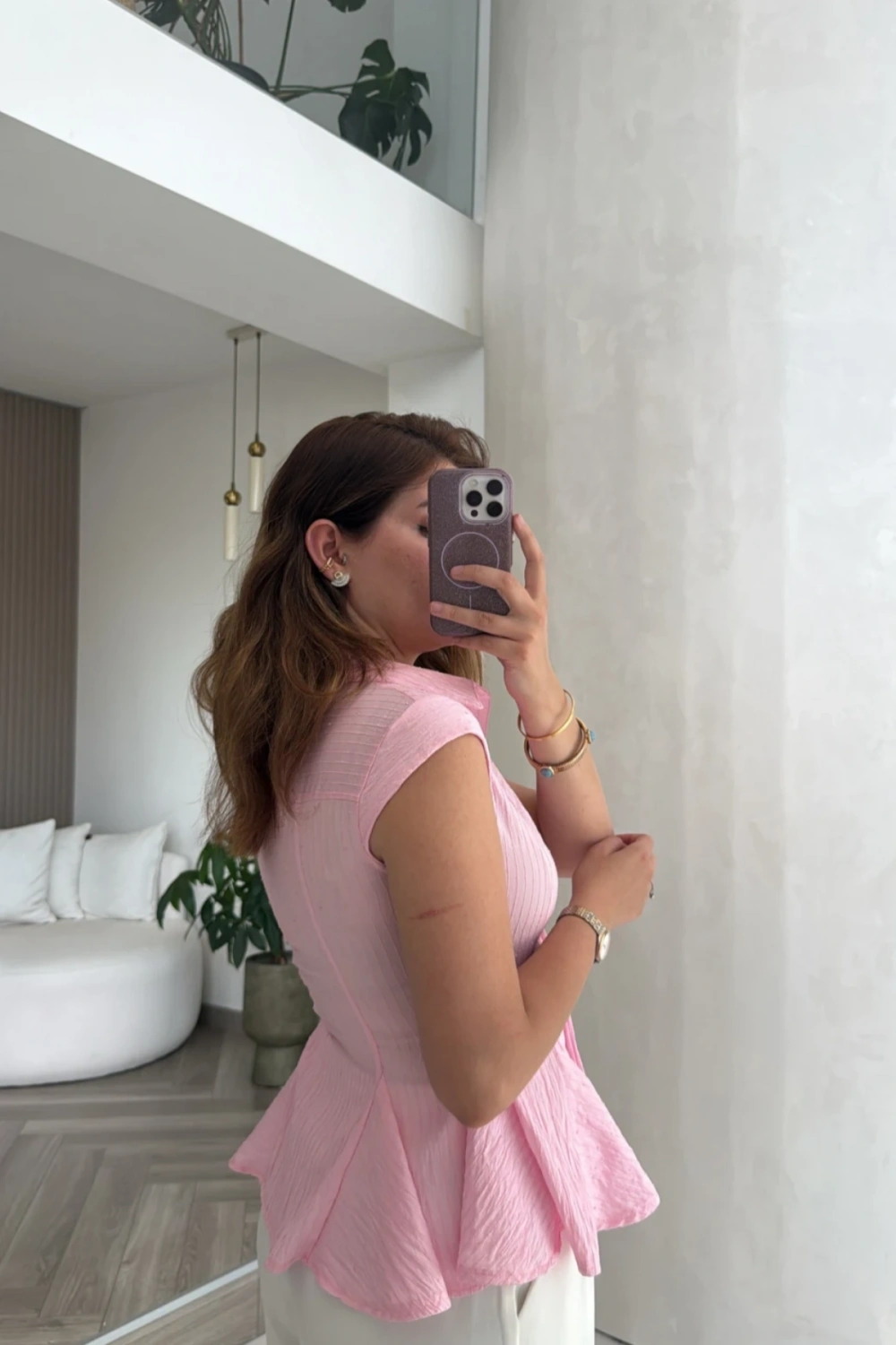 Kadın Pembe Çizgili Dar Kesim Simli Şık Sıfır Kol Gömlek