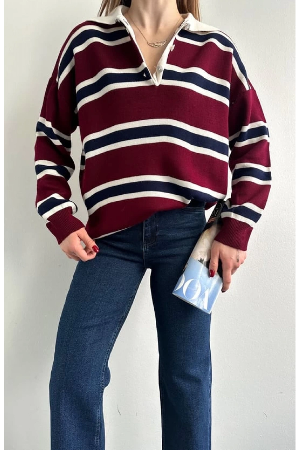 Kadın Polo Yaka Bordo Oversize Kazak