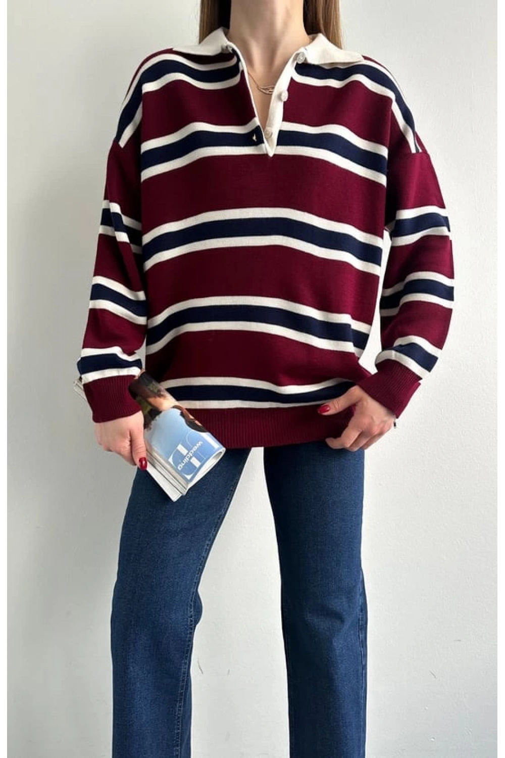 Kadın Polo Yaka Bordo Oversize Kazak