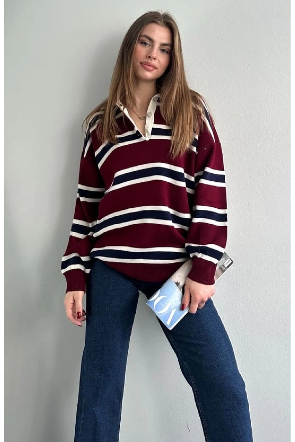 Kadın Polo Yaka Bordo Oversize Kazak
