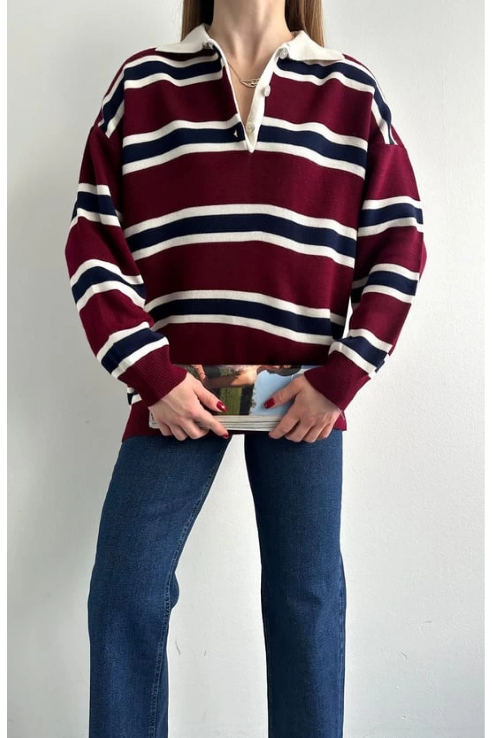 Kadın Polo Yaka Bordo Oversize Kazak