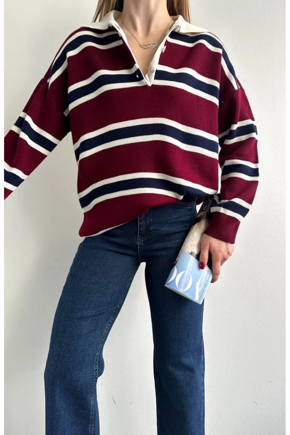 Kadın Polo Yaka Bordo Oversize Kazak