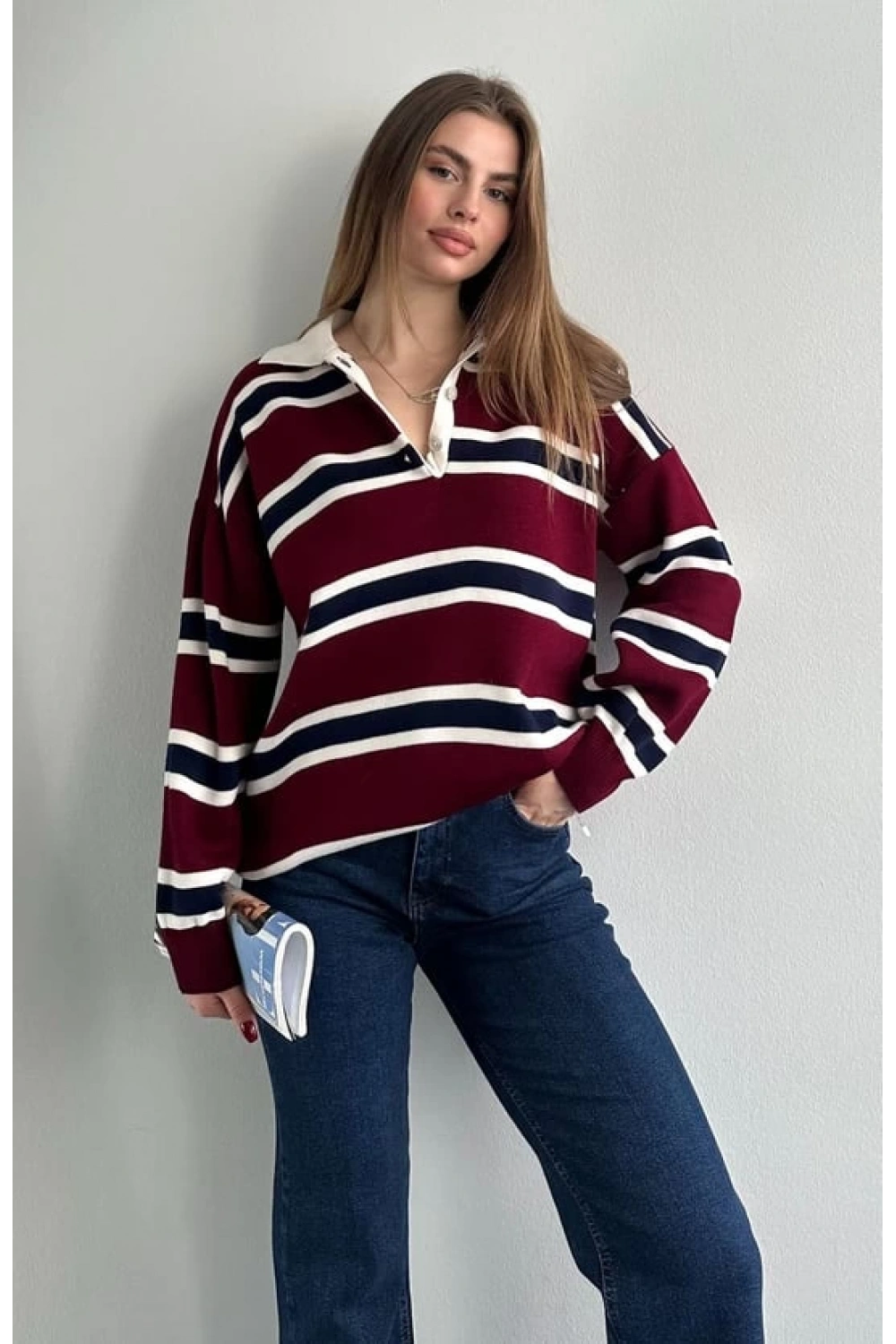 Kadın Polo Yaka Bordo Oversize Kazak
