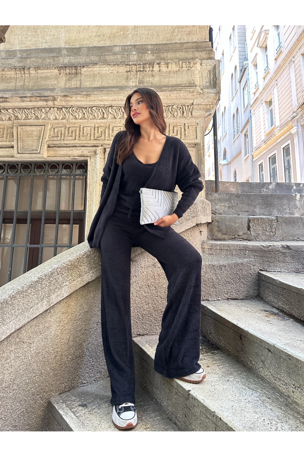 Kadın Siyah Crop Bluz Hırka Pantolon 3’lü Kışlık Triko Takım