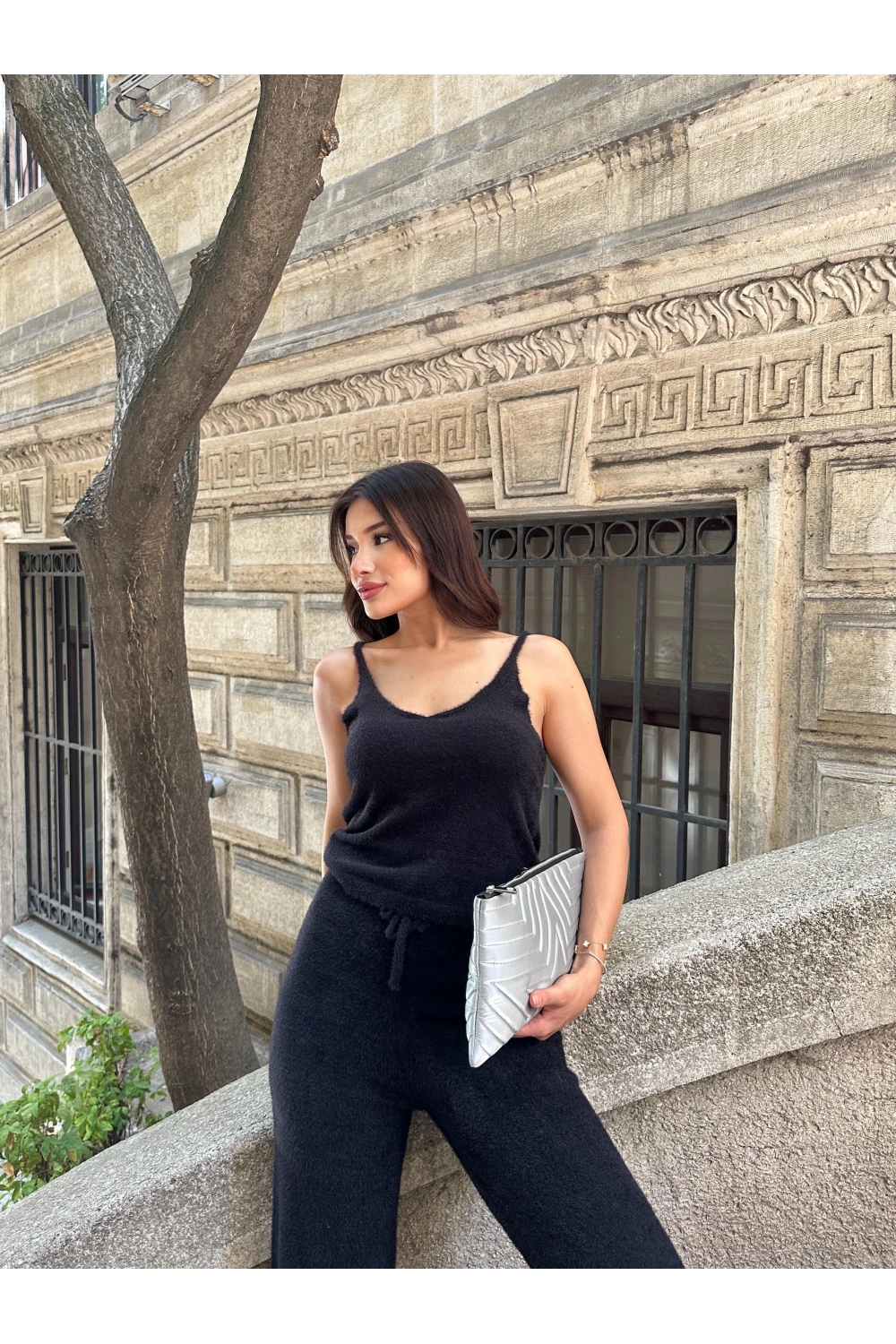 Kadın Siyah Crop Bluz Hırka Pantolon 3’lü Kışlık Triko Takım