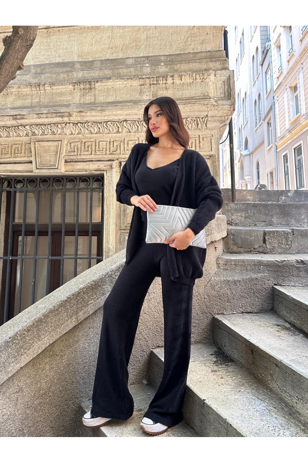 Kadın Siyah Crop Bluz Hırka Pantolon 3’lü Kışlık Triko Takım