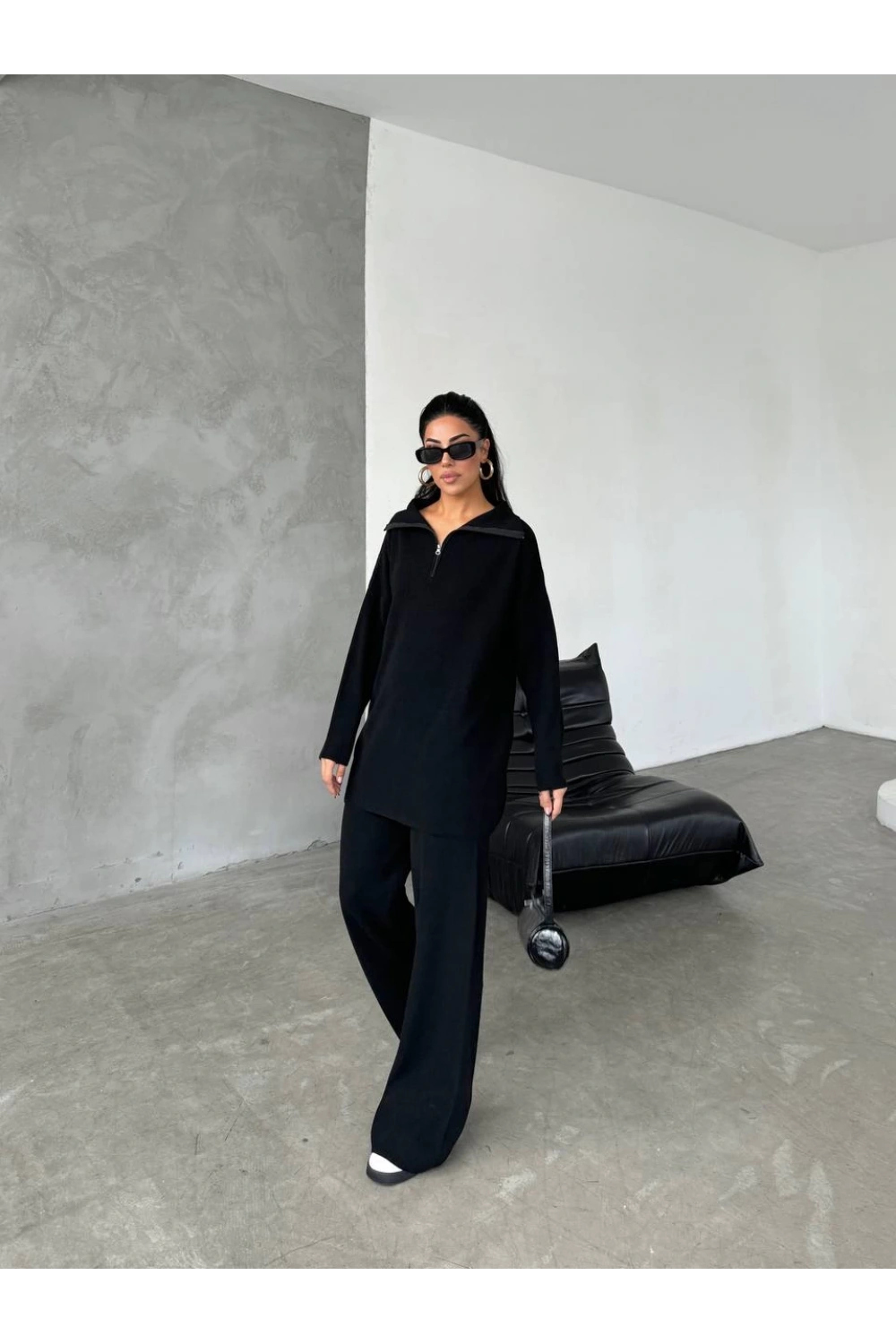 Kadın Siyah Rahat Kesim Fermuarlı Oversize Alt Üst ikili Triko Takım
