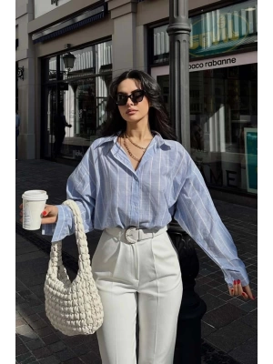 Kadın Premium Kalite Çizgili Uzun Kol Oversize Gömlek - Mavi