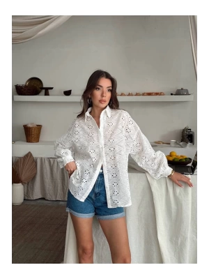 Kadın Beyaz Fistolu Tasarım Premium Brode Gömlek