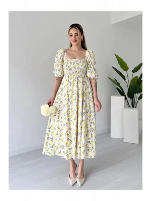 Kadın Limon Desenli Gipeli Astarlı Yazlık Midi Elbise
