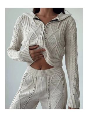 Kadın Kapşonlu Fermuarlı Crop Hırka Pantolon Alt Üst Triko Takım - Taş S/m