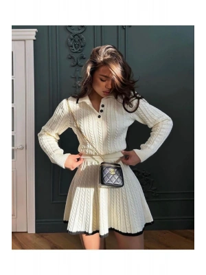 Kadın Polo Yaka Şık Kazak Etek İkili Triko Takım - Ekru