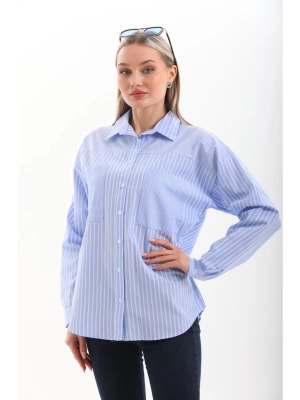 Kadın Mavi Premium Kalite Cepli Çizgili Uzun Kol Oversize Gömlek