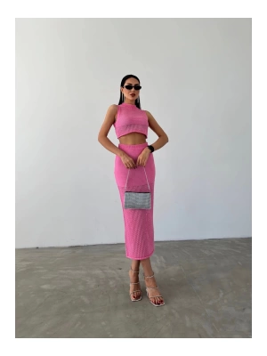 Kadın Pembe Bluz Etekli İkili Yazlık Triko Takım