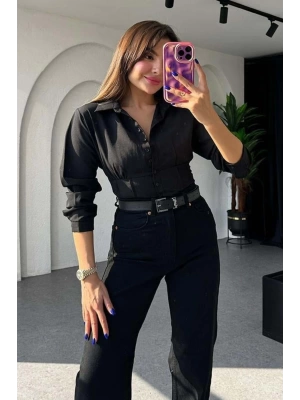 Kadın Fit Kesim Korse Detay Dokuma Crop Gömlek - Siyah