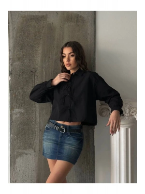 Kadın Siyah Şık Bağcık Detaylı Crop Dokuma Gömlek