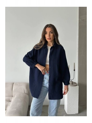 Kadın Lacivert Müslin Kumaş Premium Gömlek