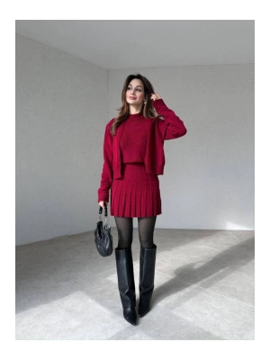 Kadın Bordo Hırka Bluz Yelek  3lü Triko Takım S/M